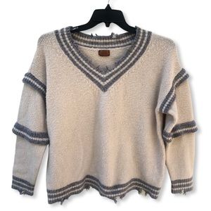 EUC Pol Size Sm. V-Neck Raw Edging Distressed Cream/Gray/Blue Stripe Sweater
